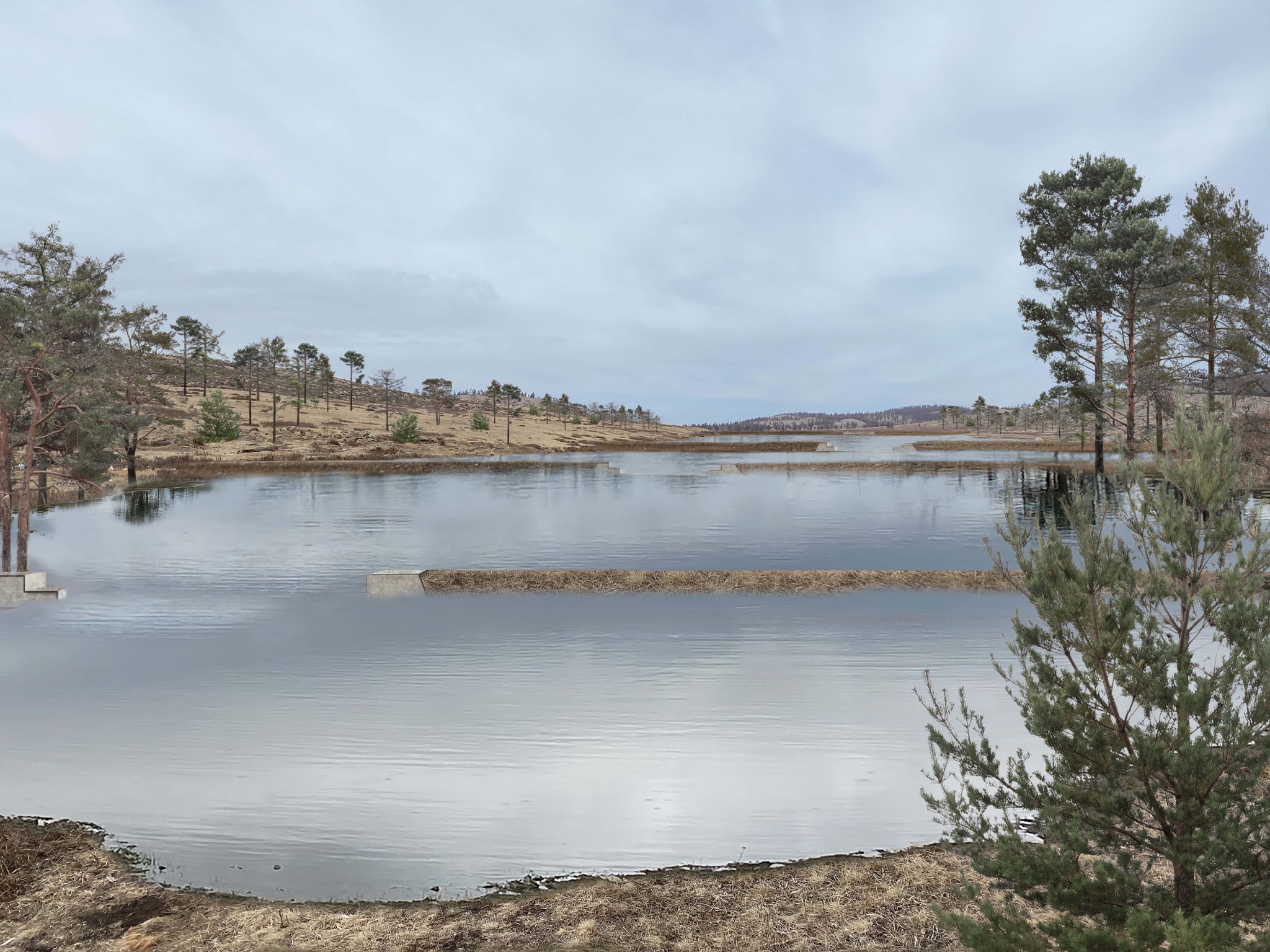 landscape render of the Erdenet climate adaptation water channels and basins